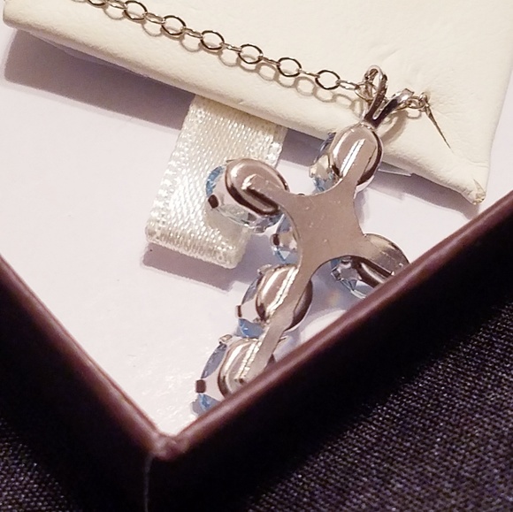 Genuine blue topaz cross necklace 925 SS - Picture 5 of 6